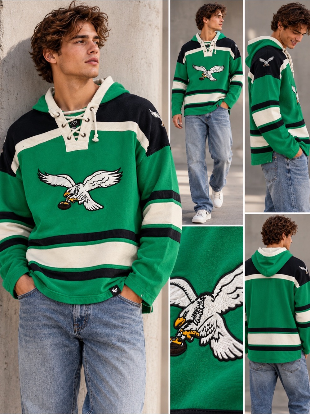 ’47 Philadelphia Eagles NFL Throwback Lace Up Hockey Hoodie Green Black L